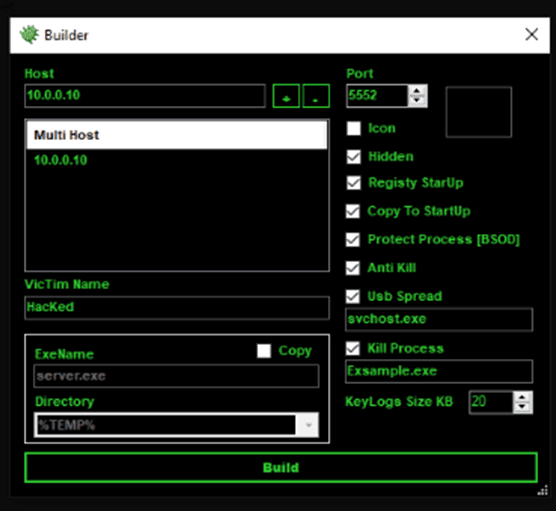 Figure 3 Pop-up window to create njRAT - Attacker machine